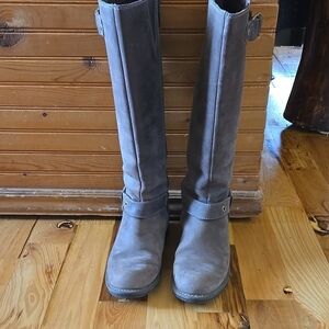 Clarks Light Gray Suede Tall Boots with Rounded Toe and Slouchy Fit